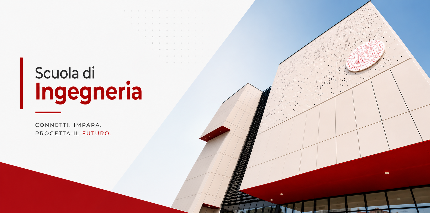 L’immagine mostra l’edificio moderno del nuovo hub di Ingegneria dell’Università di Padova, ripreso dal basso con una prospet